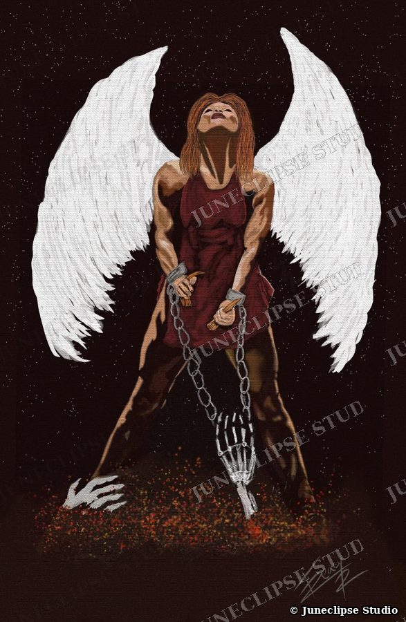 A winged woman in a red dress looking up, with broken chains at her wrists, against a starry dark sky