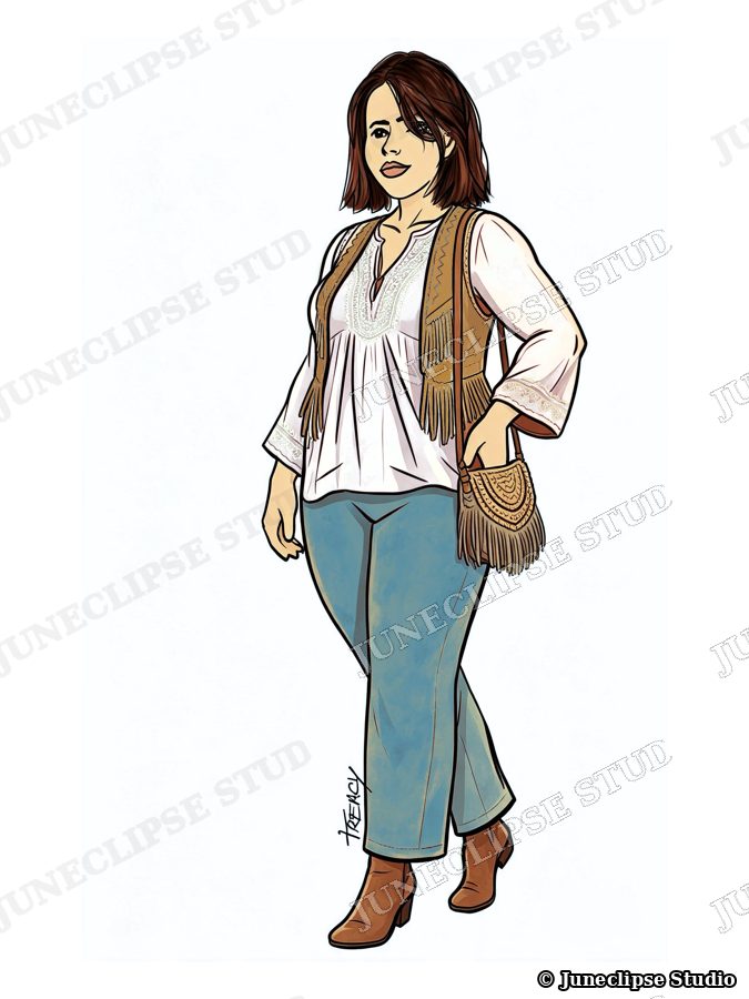 A woman in a white blouse, fringed suede vest, jeans and boots, with a fringed bag