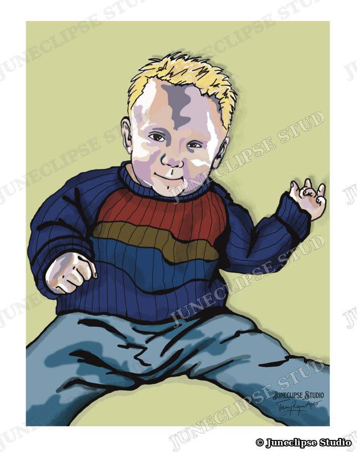 Portrait illustration of a smiling blond toddler in a striped jumper and jeans