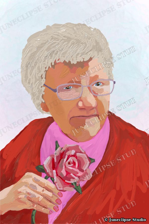 Painterly portrait of an older woman with grey hair and glasses holding a pink rose