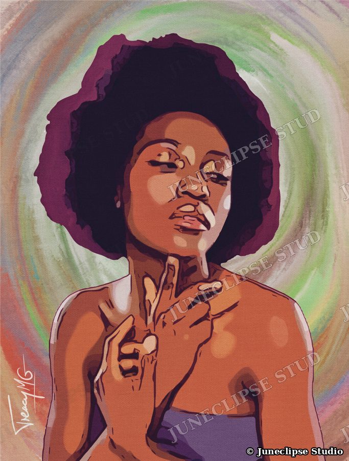 Colourful portrait of a woman with an afro against a swirling green and orange background