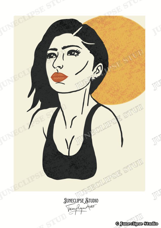 Minimal line portrait of a dark-haired woman in front of a large golden sun
