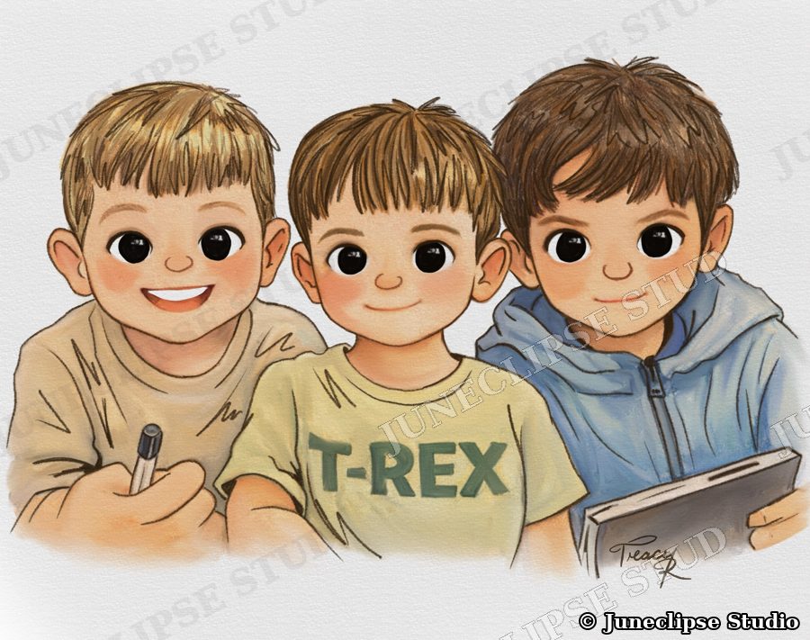 Soft illustration of three smiling boys, one in a T-Rex shirt