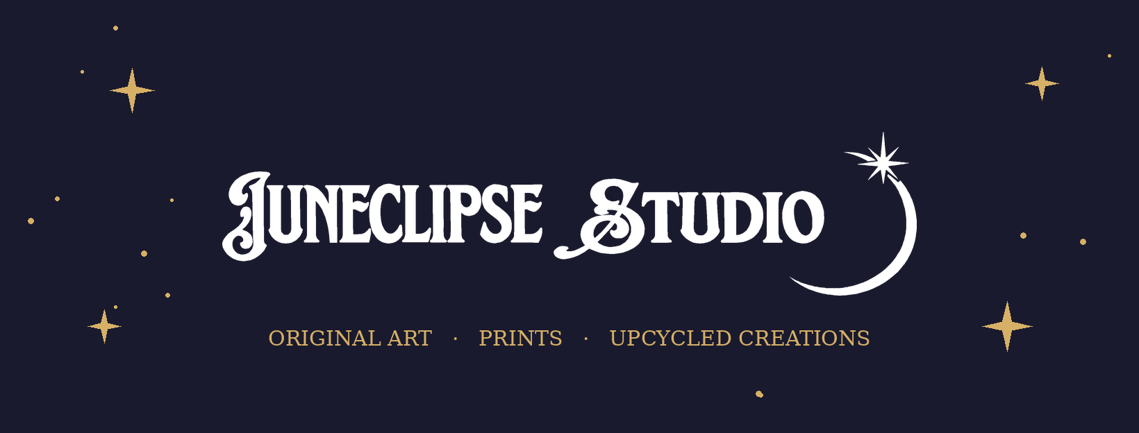 Juneclipse Studio logo with a crescent moon and star, on a navy sky with gold sparkles. Original art, prints, upcycled creations.